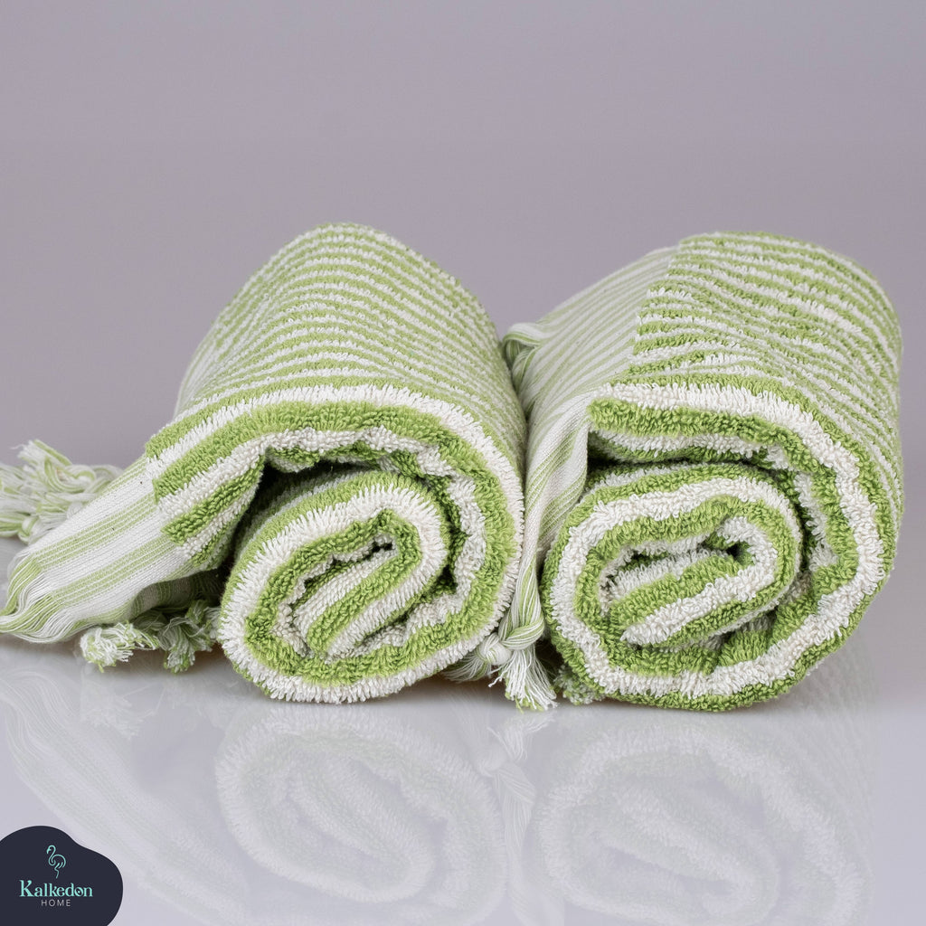 Sauna Seat Towel – 100% Organic Turkish Cotton, Light Green & White Stripe – Juniper