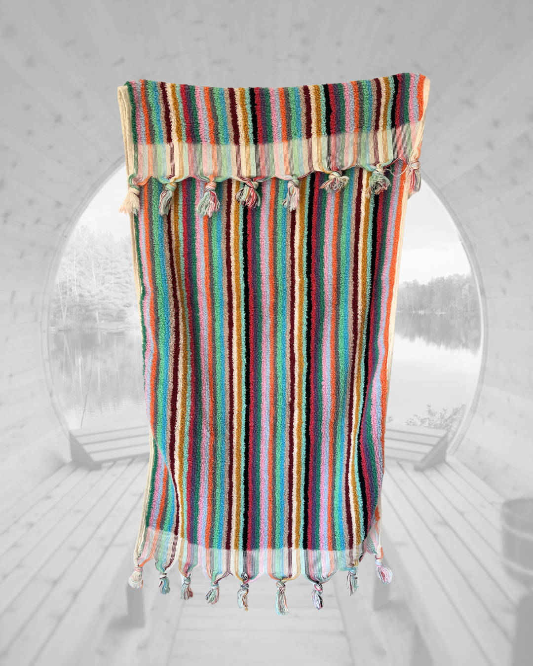Sauna Seat Towel – 100% Organic Turkish Cotton, Multicoloured Stripe – Aurora