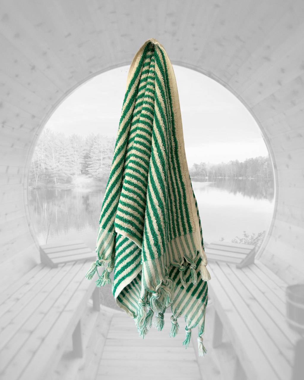 Sauna Seat Towel – 100% Organic Turkish Cotton, Dark Green & White Stripe – Cedar