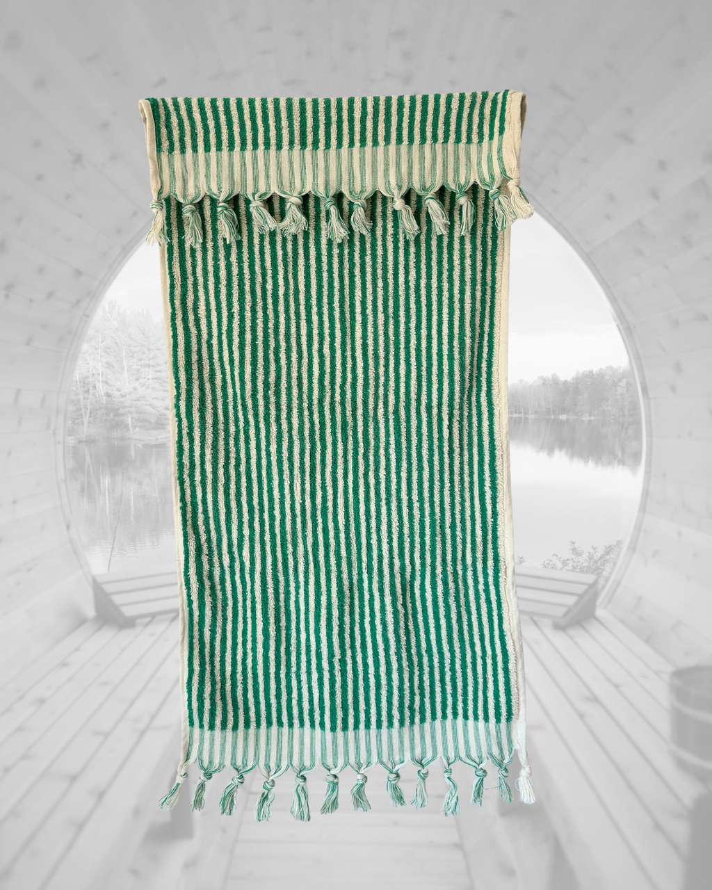 Sauna Seat Towel – 100% Organic Turkish Cotton, Dark Green & White Stripe – Cedar