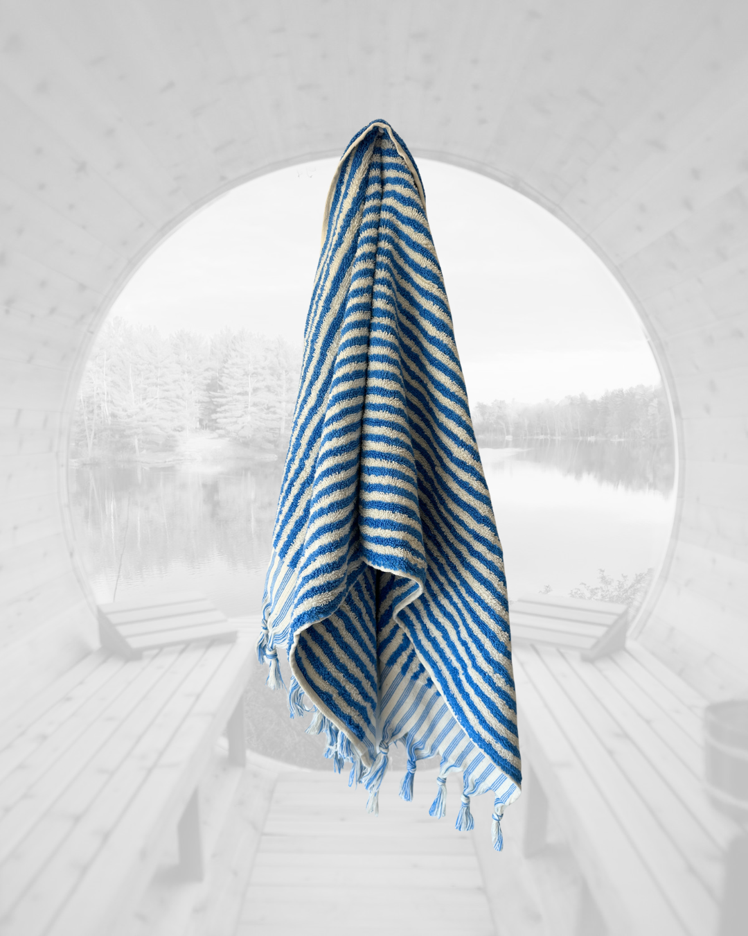 Sauna Seat Towel – 100% Organic Turkish Cotton, Blue & White Stripe – Glacier