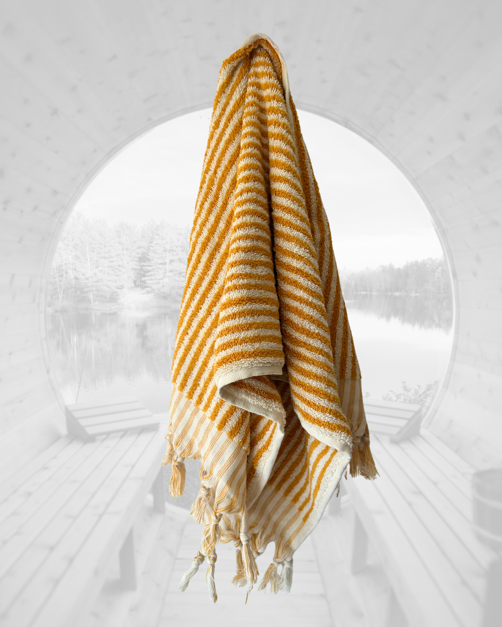 Sauna Seat Towel – 100% Organic Turkish Cotton, Yellow & White Stripe – Amber