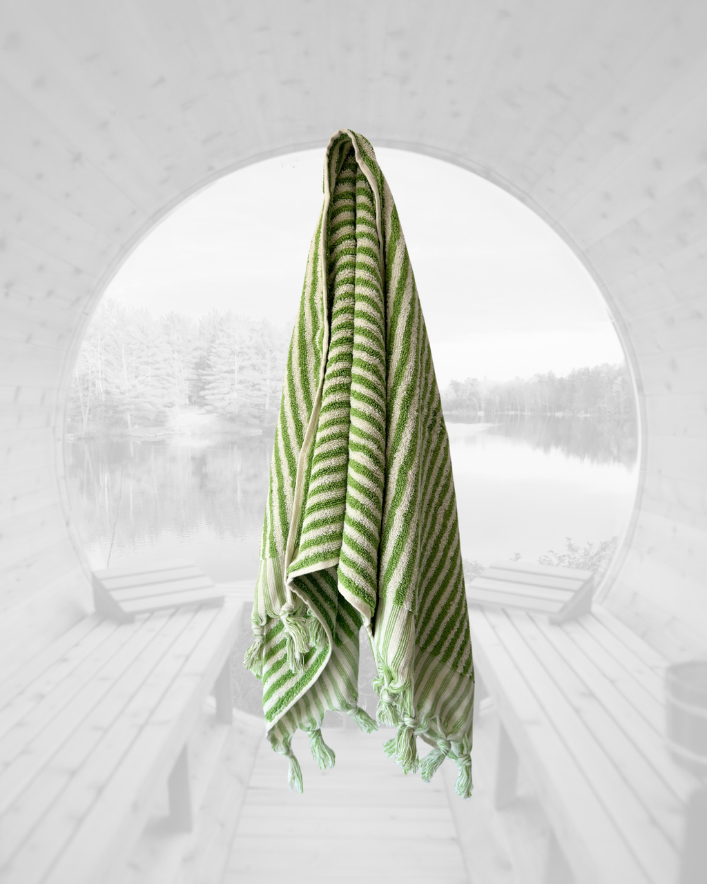 Sauna Seat Towel – 100% Organic Turkish Cotton, Light Green & White Stripe – Juniper