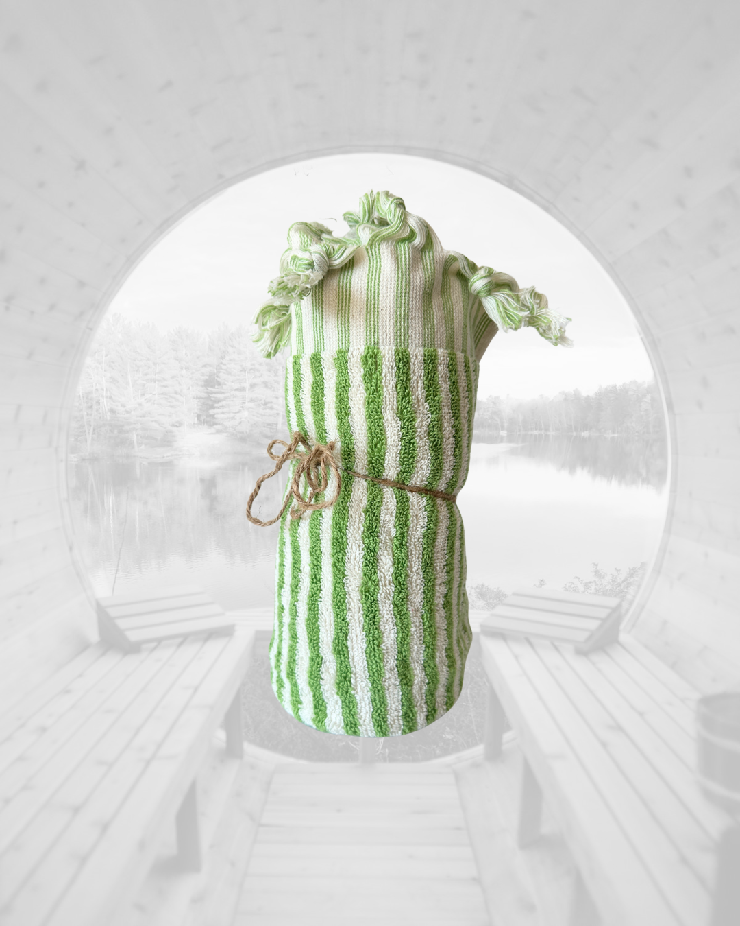 Sauna Seat Towel – 100% Organic Turkish Cotton, Light Green & White Stripe – Juniper