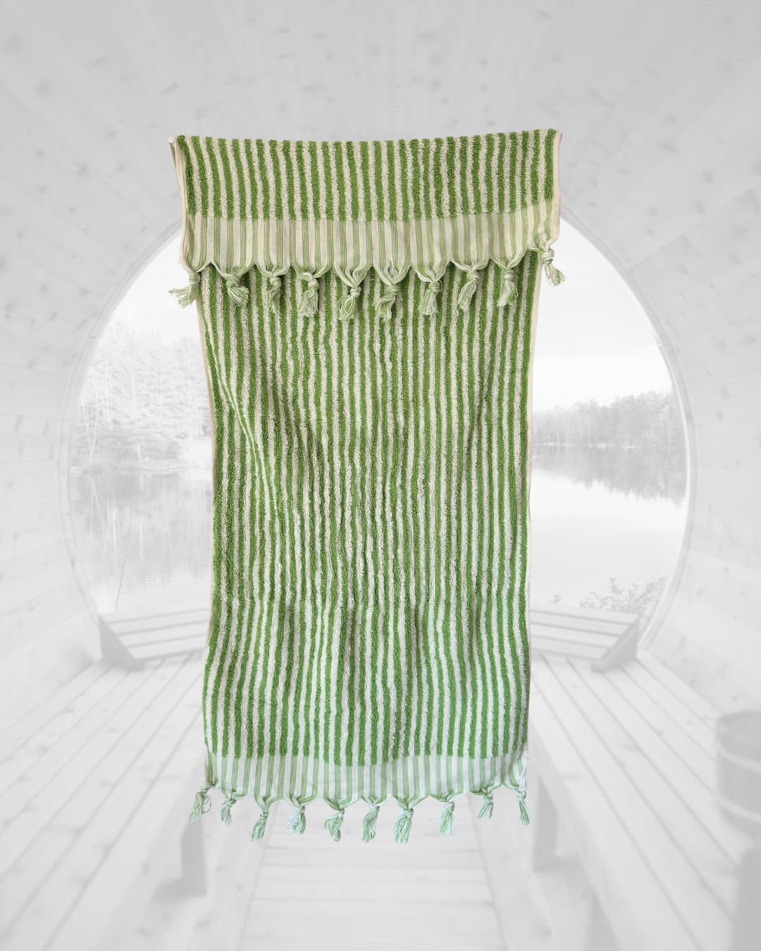 Sauna Seat Towel – 100% Organic Turkish Cotton, Light Green & White Stripe – Juniper