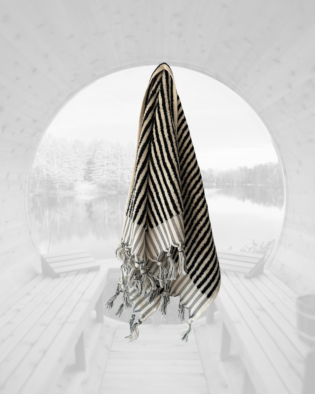 Sauna Seat Towel – 100% Organic Turkish Cotton, Black & White Stripe – Obsidian