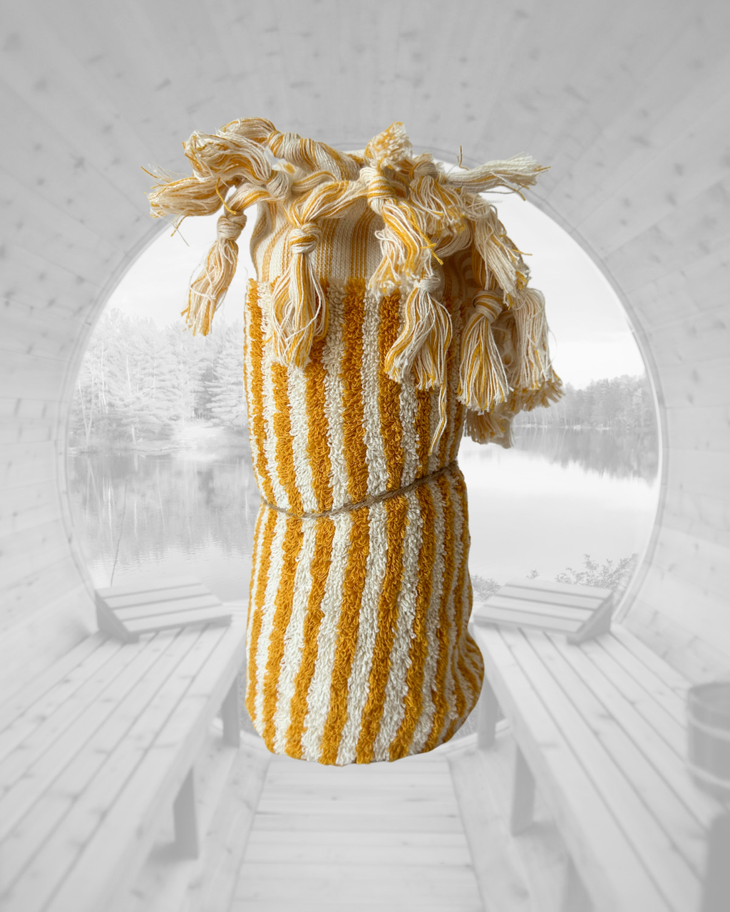 Sauna Seat Towel – 100% Organic Turkish Cotton, Yellow & White Stripe – Amber