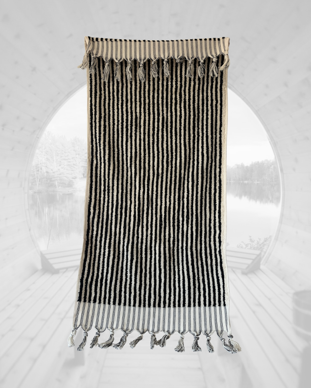 Sauna Seat Towel – 100% Organic Turkish Cotton, Black & White Stripe – Obsidian