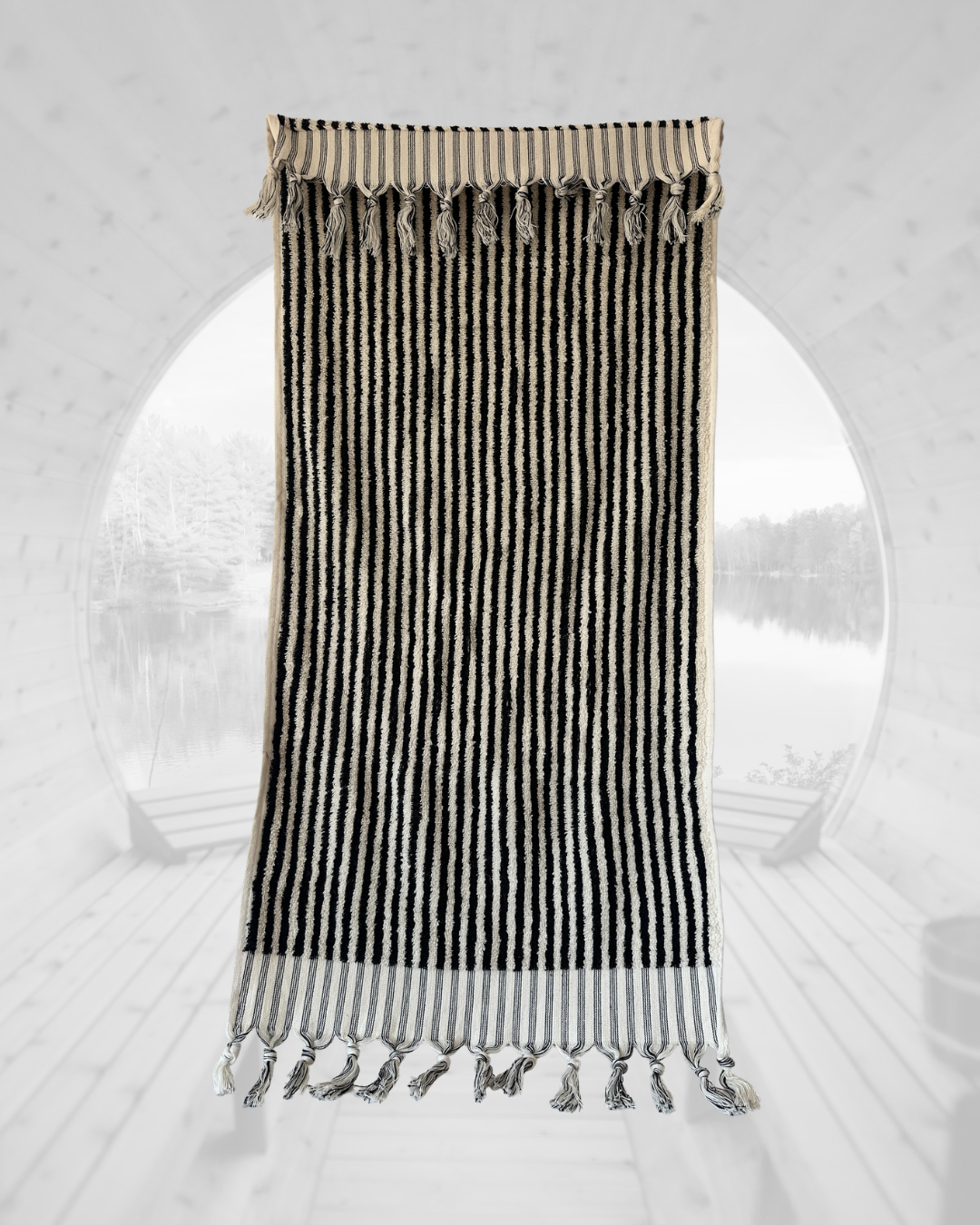 Sauna Seat Towel – 100% Organic Turkish Cotton, Black & White Stripe – Obsidian
