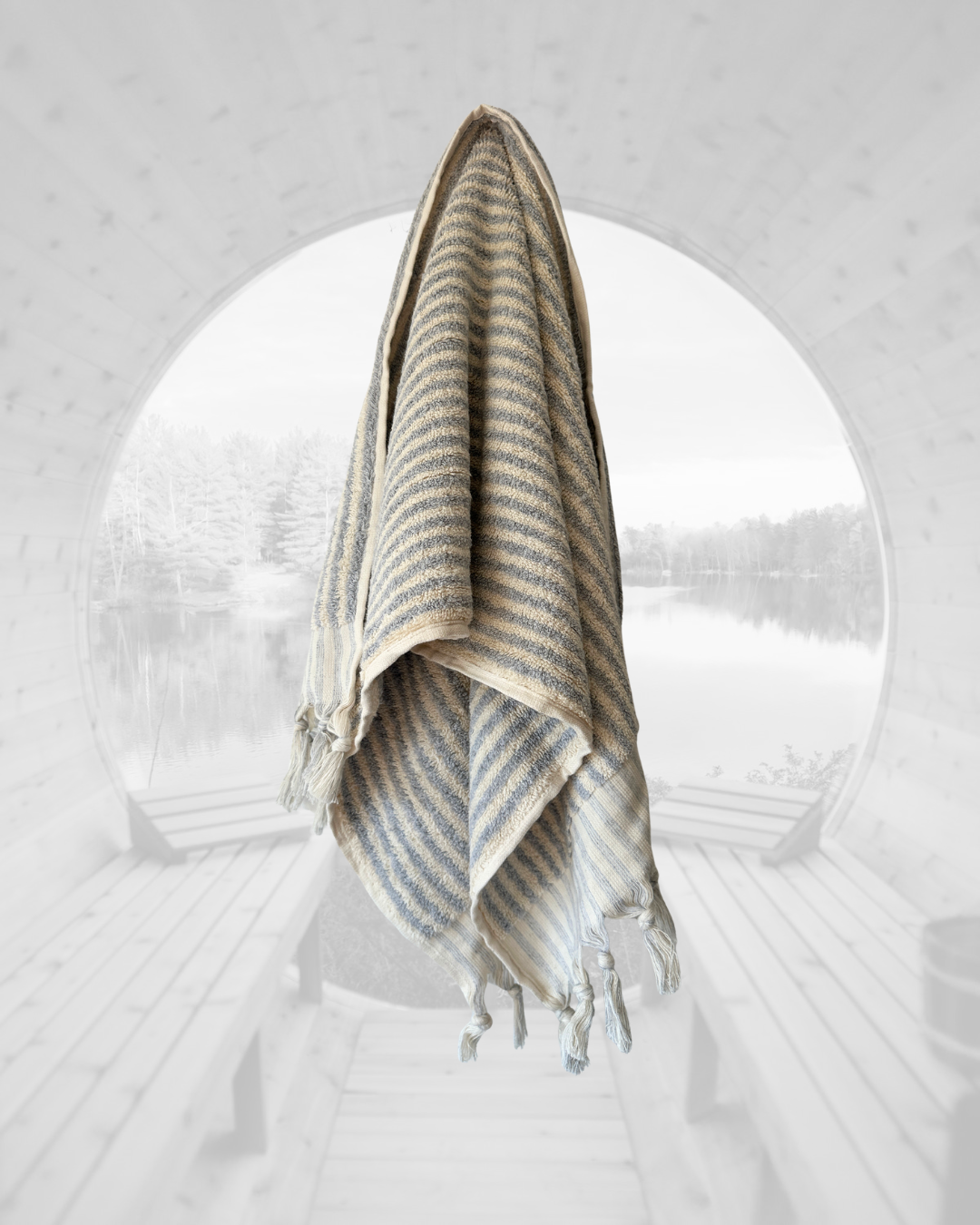 Sauna Seat Towel – 100% Organic Turkish Cotton, Grey & White Stripe – Slate