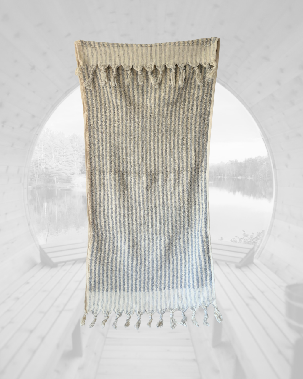 Sauna Seat Towel – 100% Organic Turkish Cotton, Grey & White Stripe – Slate