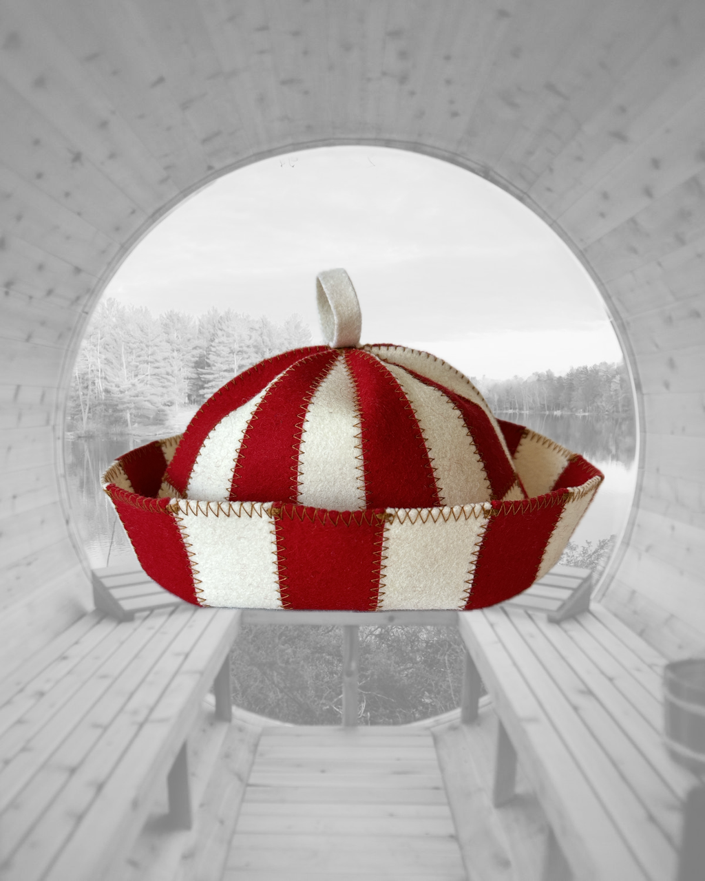 Red & White Sauna Bath Hat Festival Cage