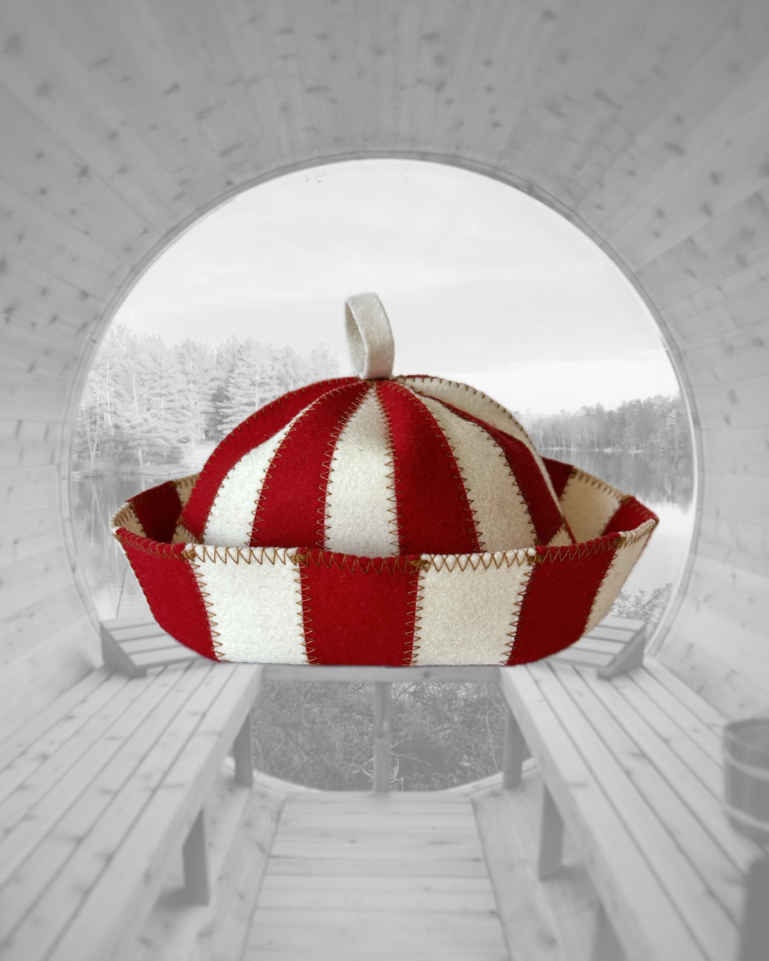 Red & White Sauna Bath Hat Festival Cage