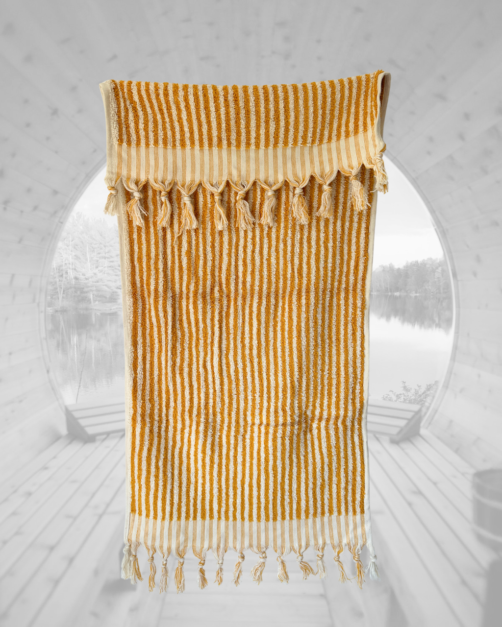 Sauna Seat Towel – 100% Organic Turkish Cotton, Yellow & White Stripe – Amber