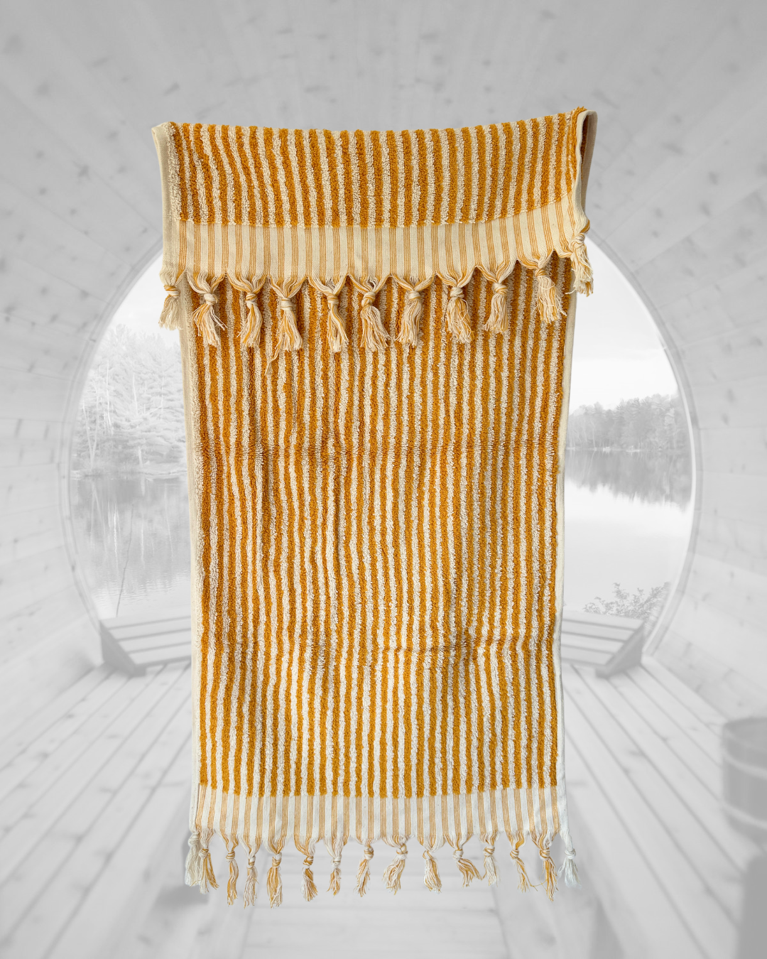 Sauna Seat Towel – 100% Organic Turkish Cotton, Yellow & White Stripe – Amber