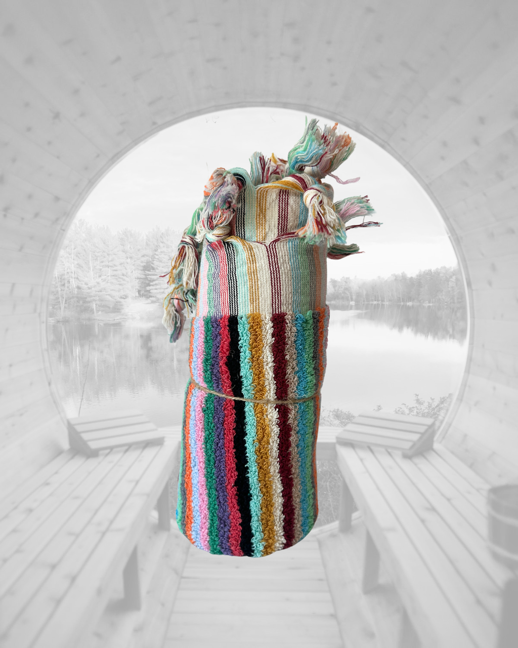 Sauna Seat Towel – 100% Organic Turkish Cotton, Multicoloured Stripe – Aurora