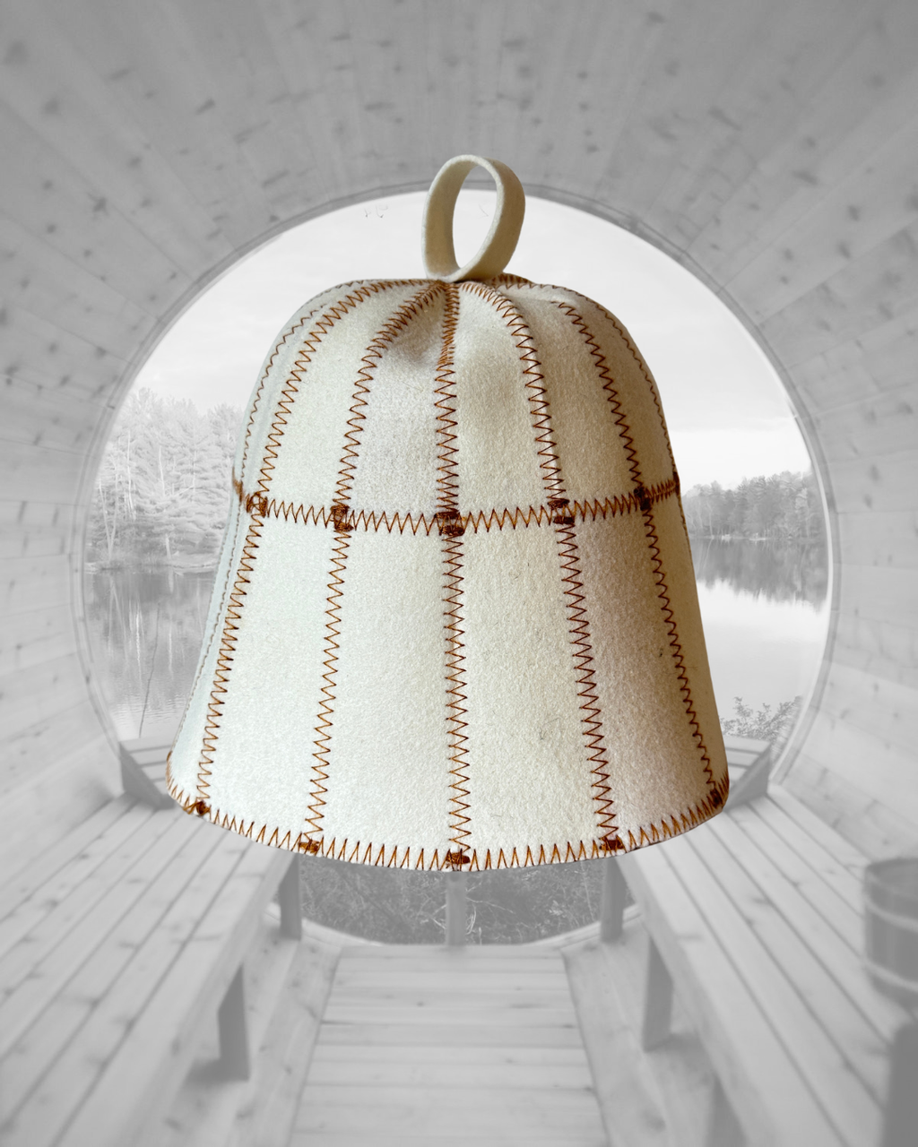 All White Wool Felt Sauna Hat Gold Stitching