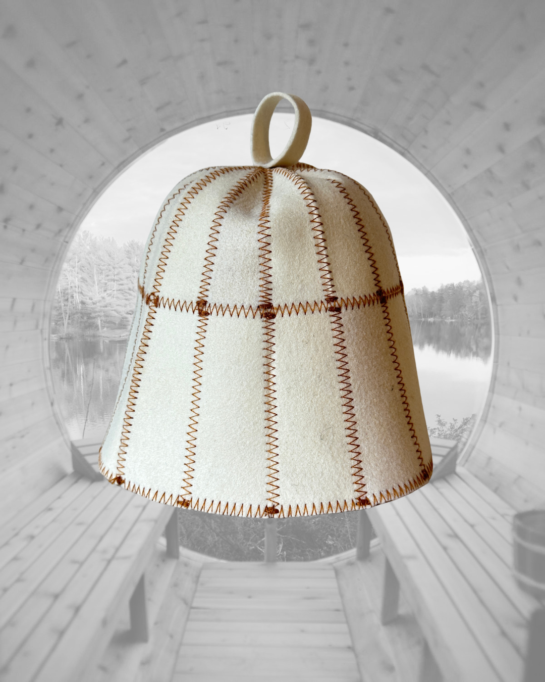 All White Wool Felt Sauna Hat Gold Stitching