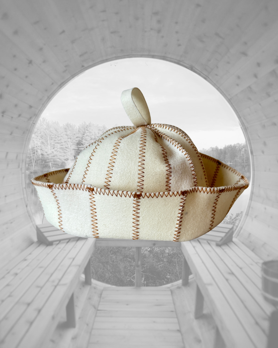 All White Wool Felt Sauna Hat Gold Stitching