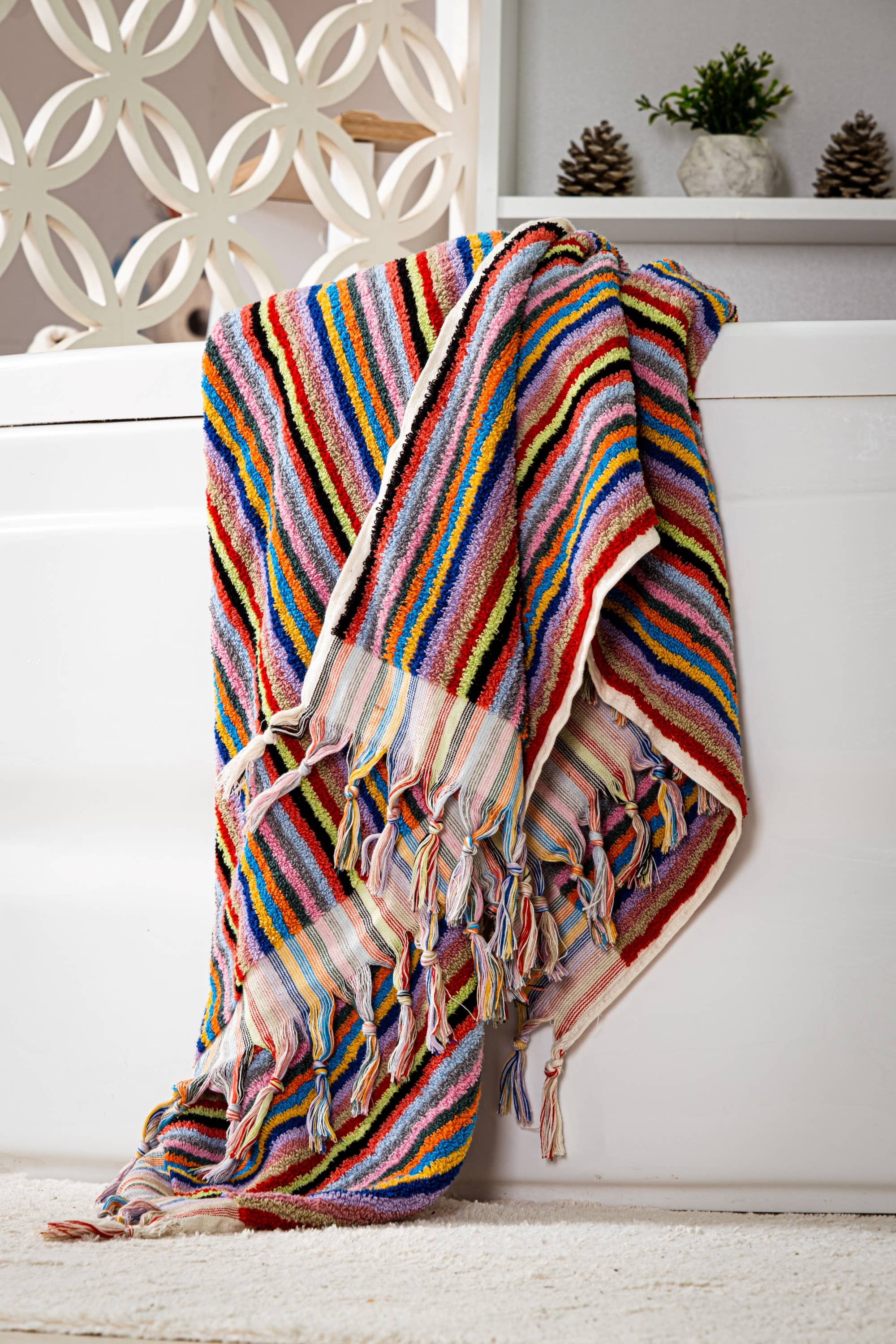 Sauna Seat Towel – 100% Organic Turkish Cotton, Multicoloured Stripe – Aurora